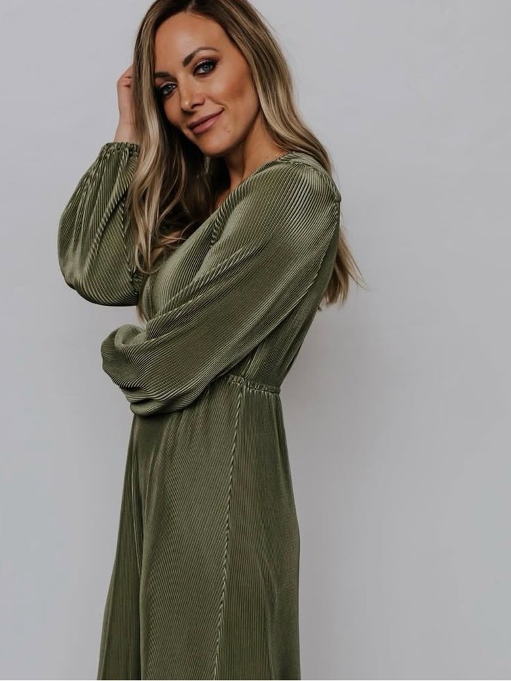 Baltic Born Olive Green Pleated Maxi Dress with Balloon Sleeves